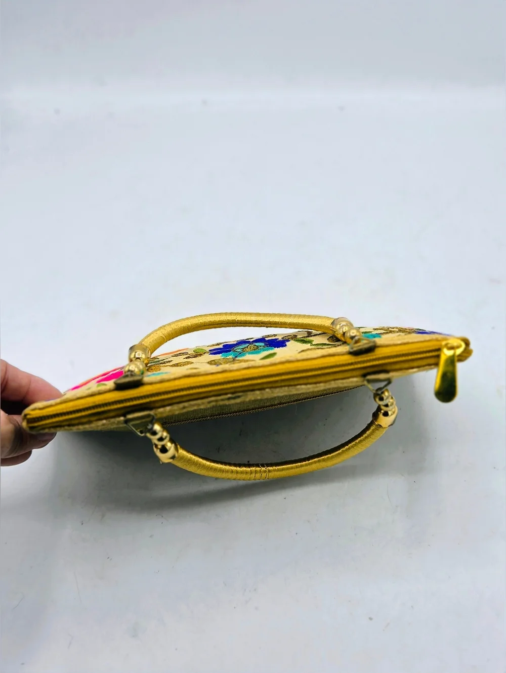 Hand-Embroidered Phulkari Floral Silk Clutch Bag | Boho Ethnic Wedding Gold